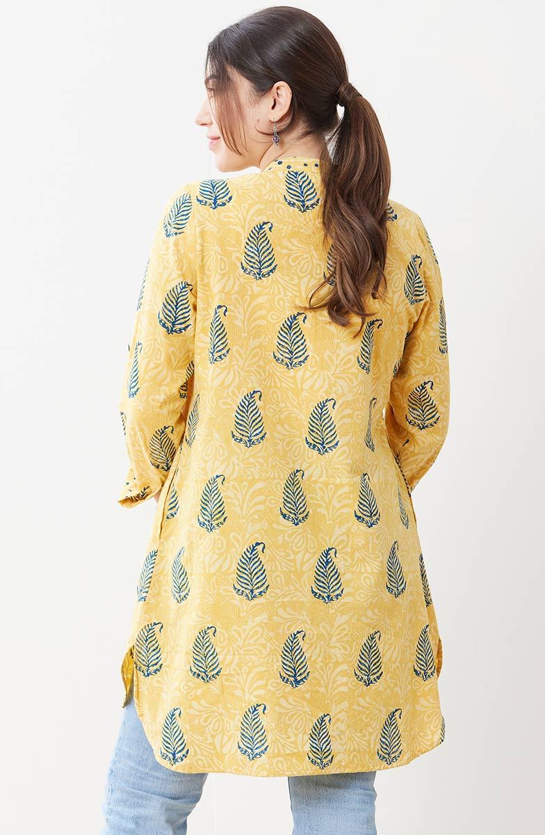 Yamini Roll-Sleeve Shirttail Kurta - Saffron