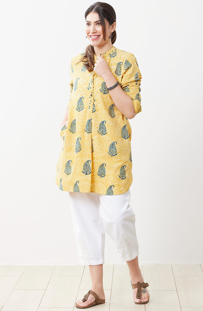 Yamini Roll-Sleeve Shirttail Kurta - Saffron