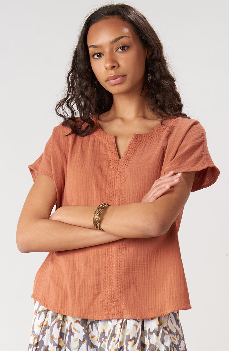Isha Double Gauze Notch-Neck Top