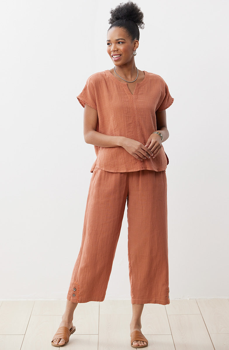 Isha Double Gauze Notch-Neck Top