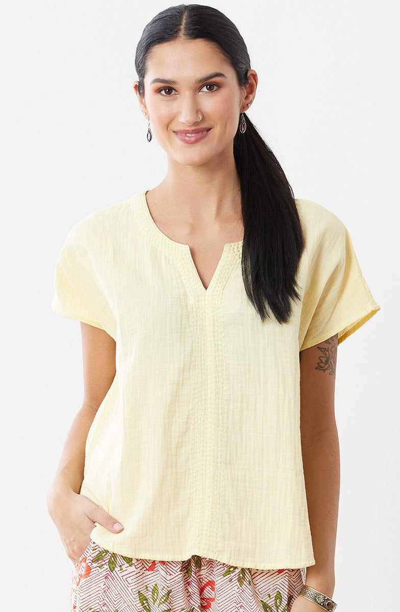Isha Double Gauze Notch-Neck Top