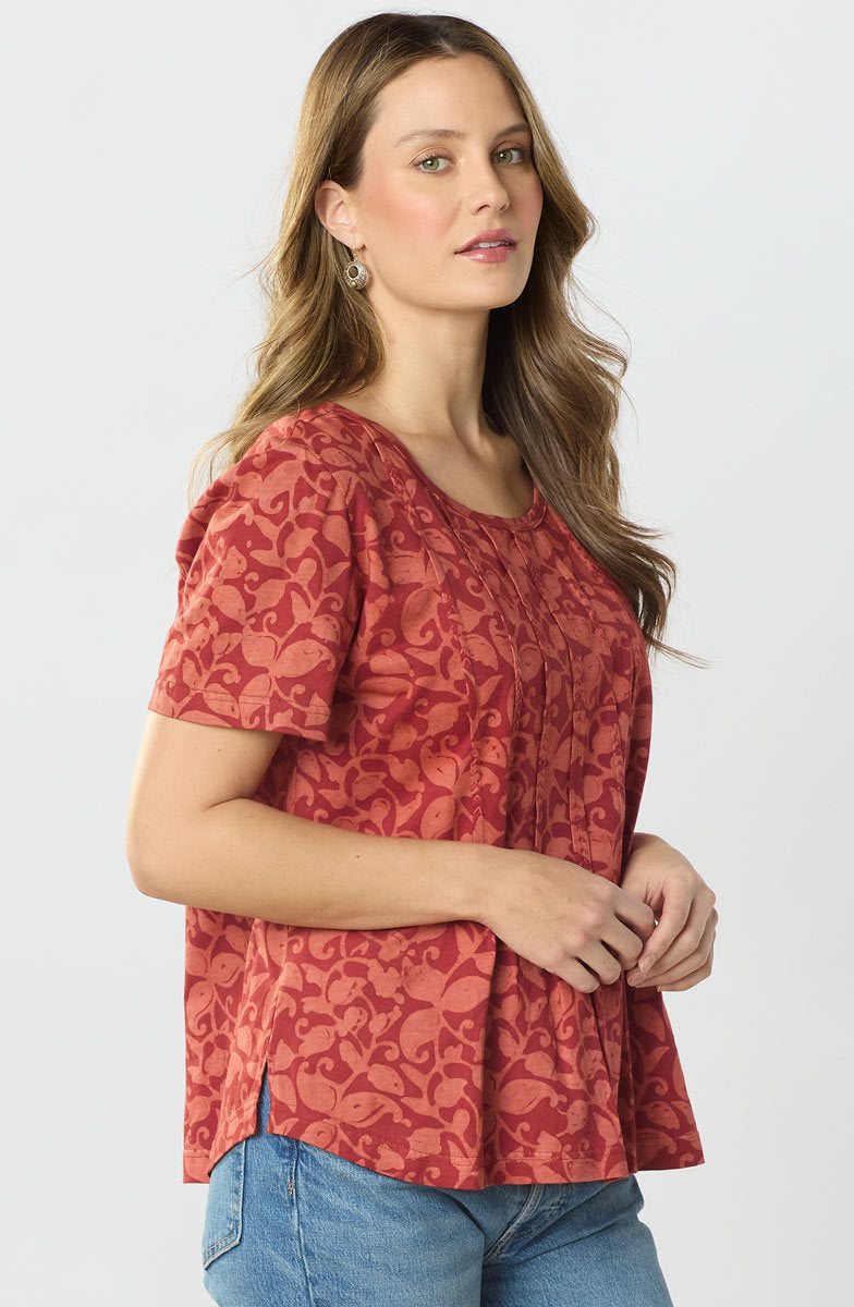 Naina Cotton Jersey Batik Print Tee - Fire red