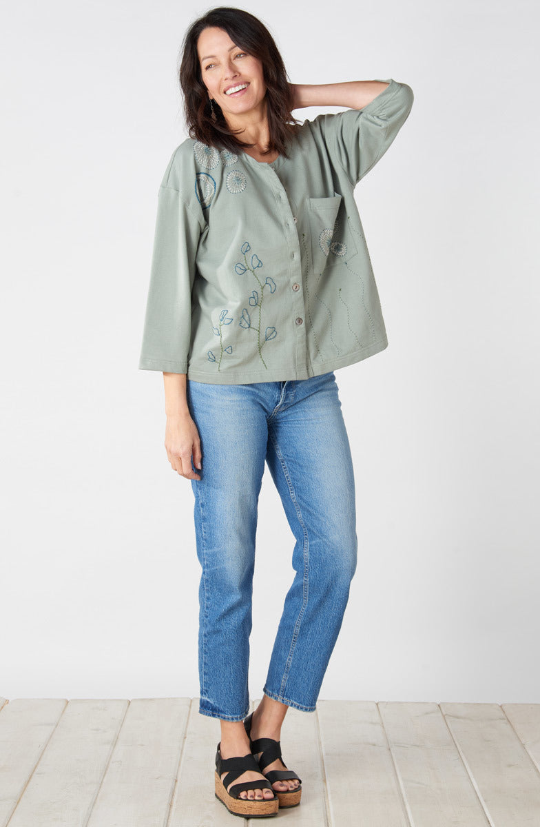 Mysore Organic French Terry Cardigan - Eucalyptus