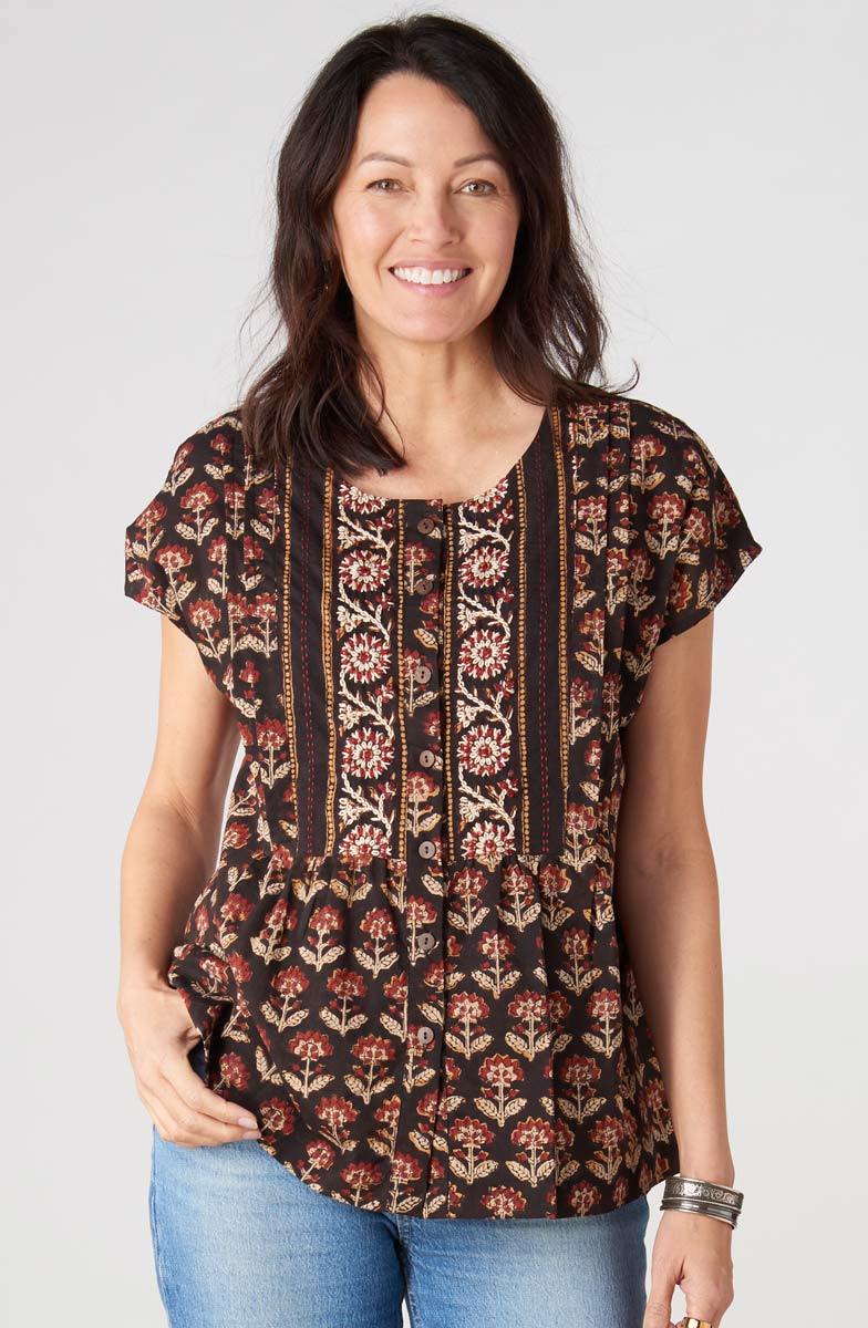 Shalu Cap Sleeve Button-Down Top - Black/Multi