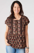 Shalu Cap Sleeve Button-Down Top - Black/Multi