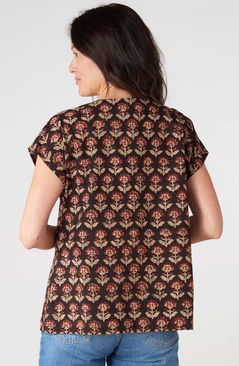 Shalu Cap Sleeve Button-Down Top - Black/Multi