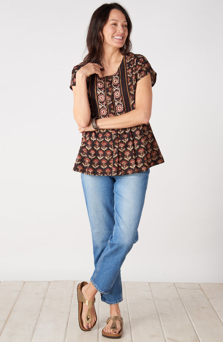 Shalu Cap Sleeve Button-Down Top - Black/Multi