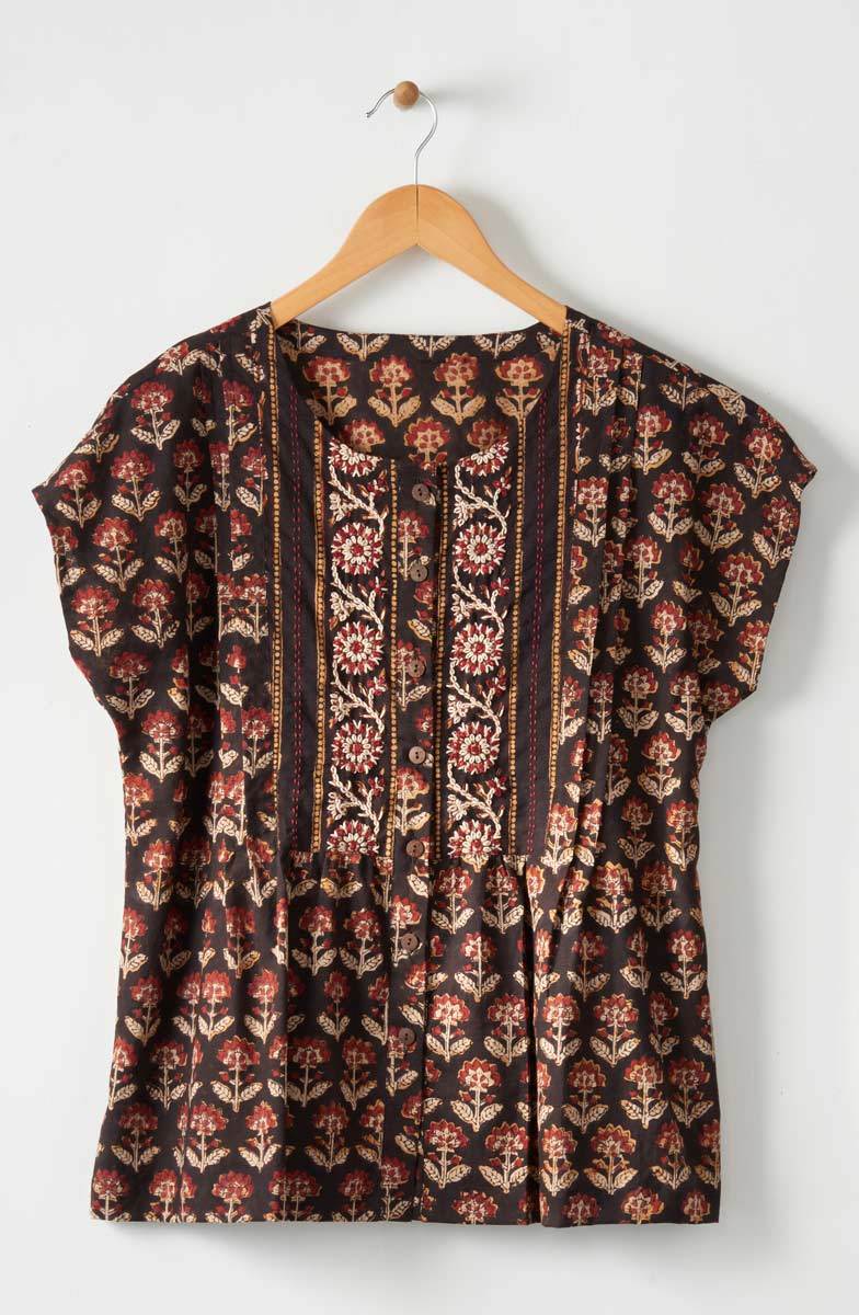 Shalu Cap Sleeve Button-Down Top - Black/Multi