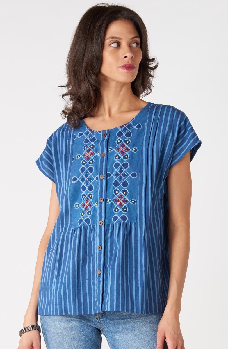 Shalu Cap Sleeve Button-Down Top - Tranquil blue