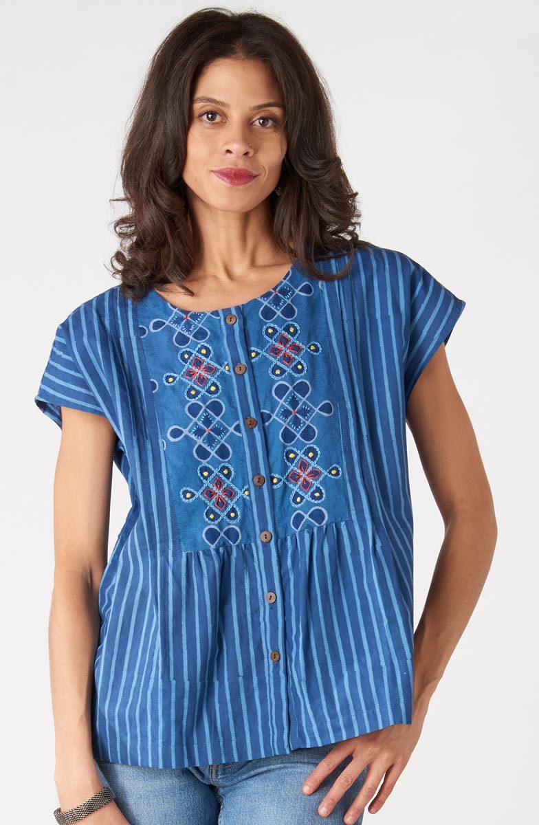 Shalu Cap Sleeve Button-Down Top - Tranquil blue