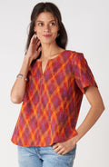 Farah Ikat Short-Sleeve Notch-Neck Top - Fire red/Multi