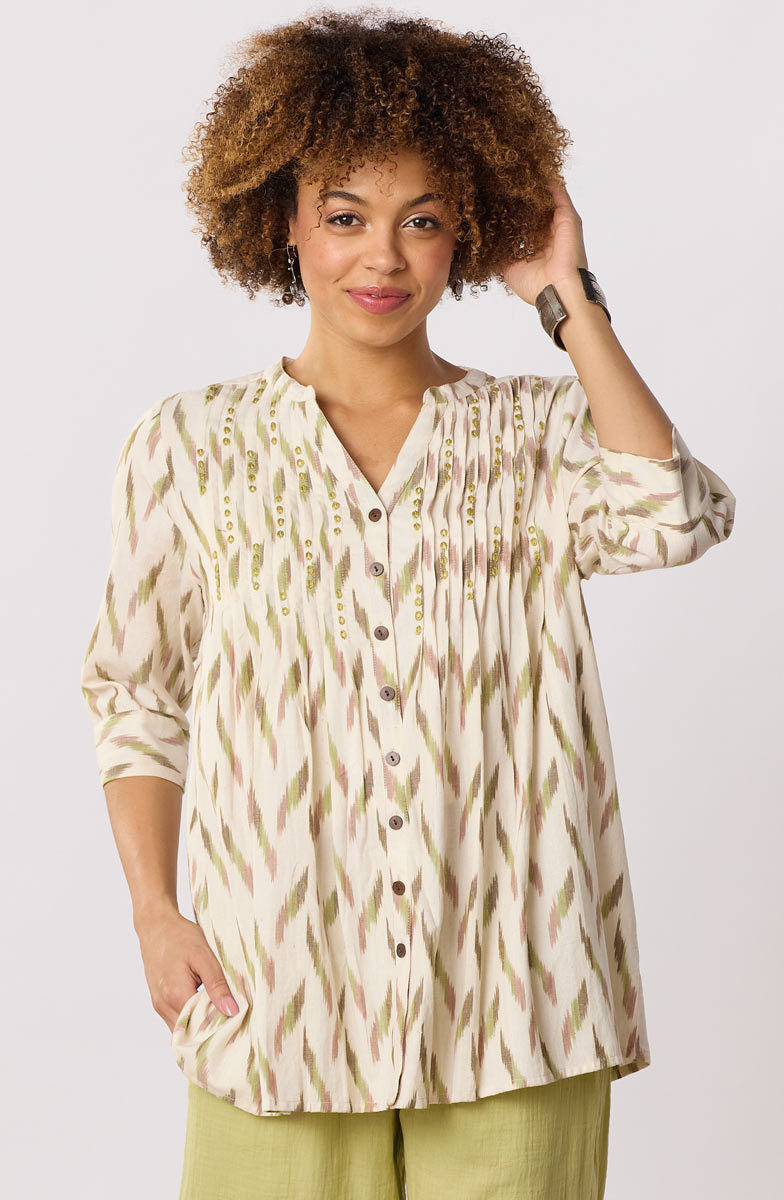 Vaishali Ikat Pleated Button-Down Tunic - Natural/Multi