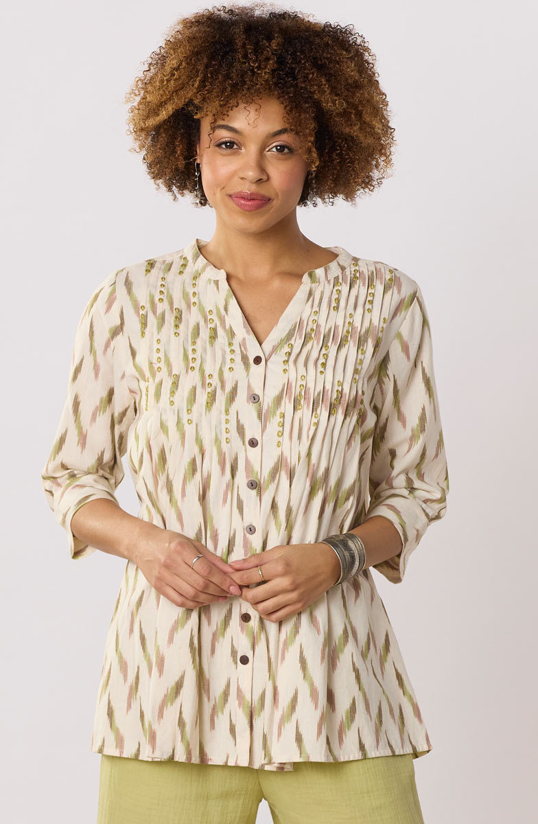 Vaishali Ikat Pleated Button-Down Tunic - Natural/Multi