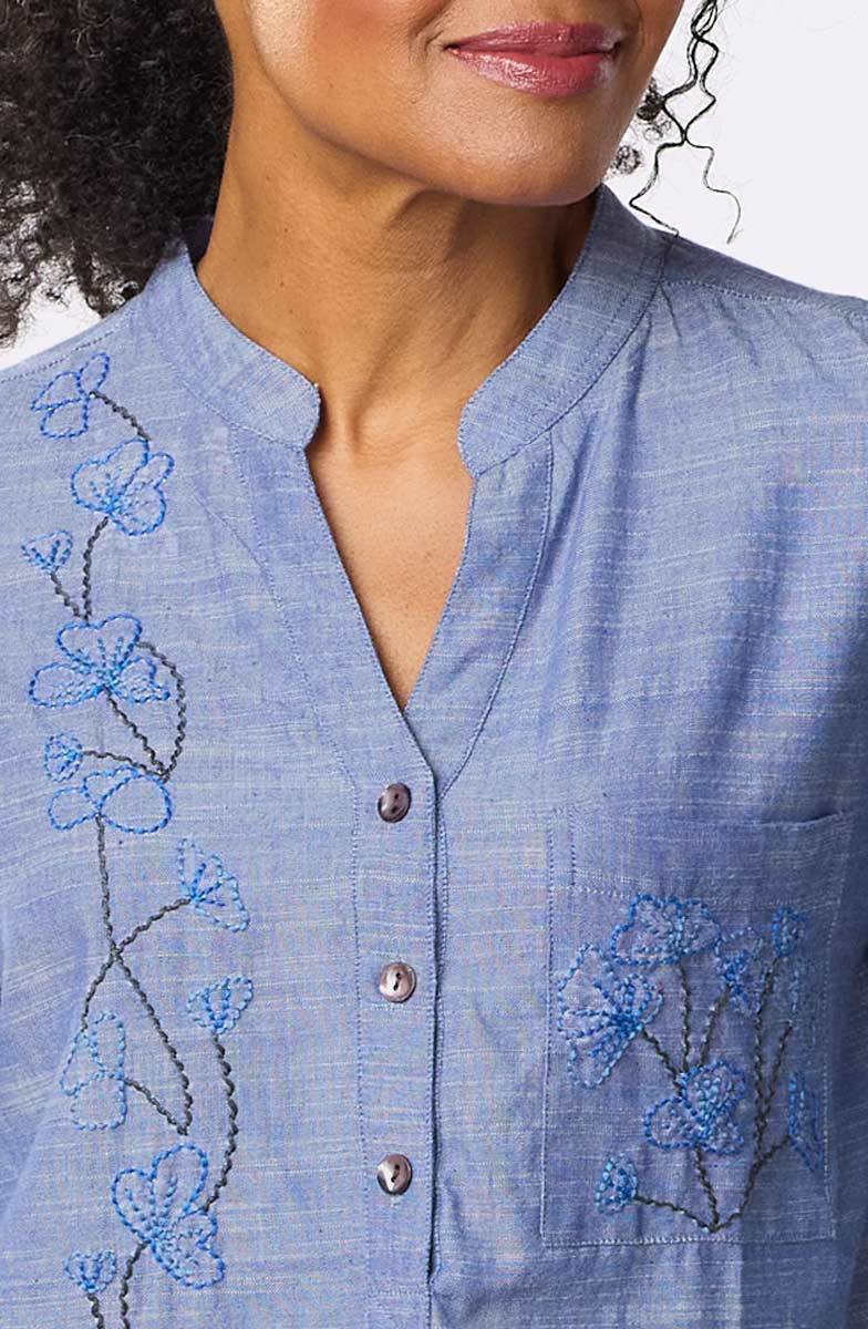 Chinam Band Collar Henley Shirt - Chambray