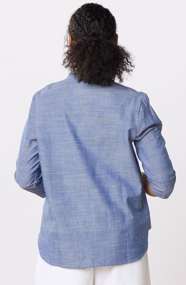 Chinam Band Collar Henley Shirt - Chambray