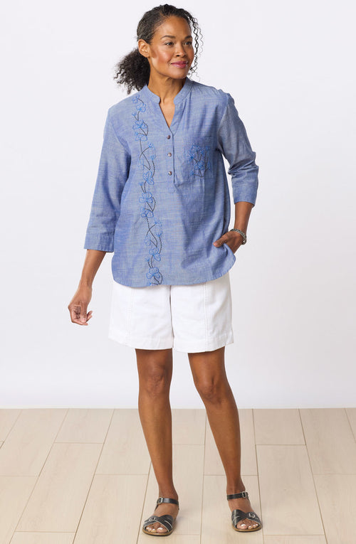 Chinam Band Collar Henley Shirt - Chambray