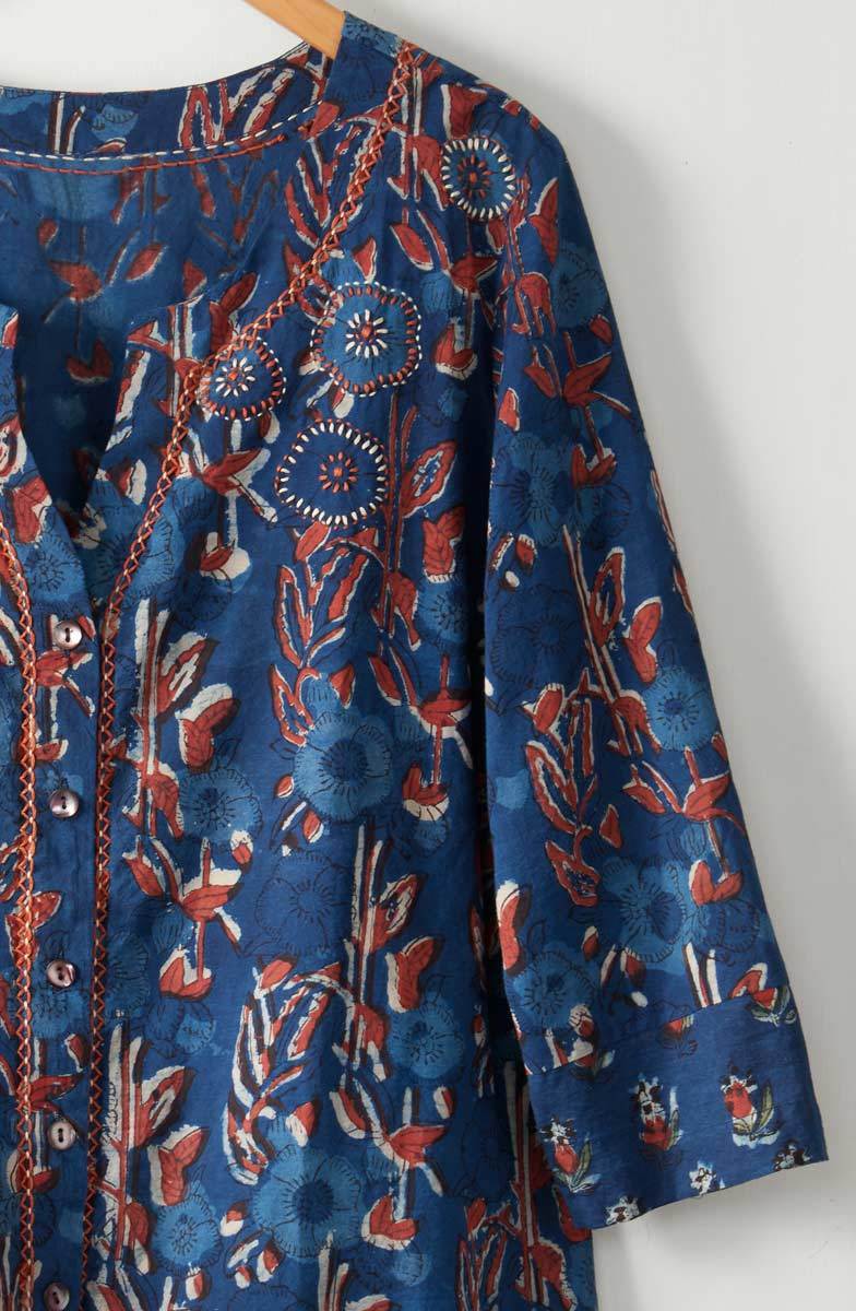 Kalini 3/4-Sleeve Button-Front Top - Indigo/Multi