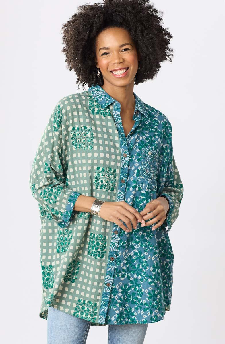 Mandvi Button-Down Oversized Shirt - Dusty teal/Multi