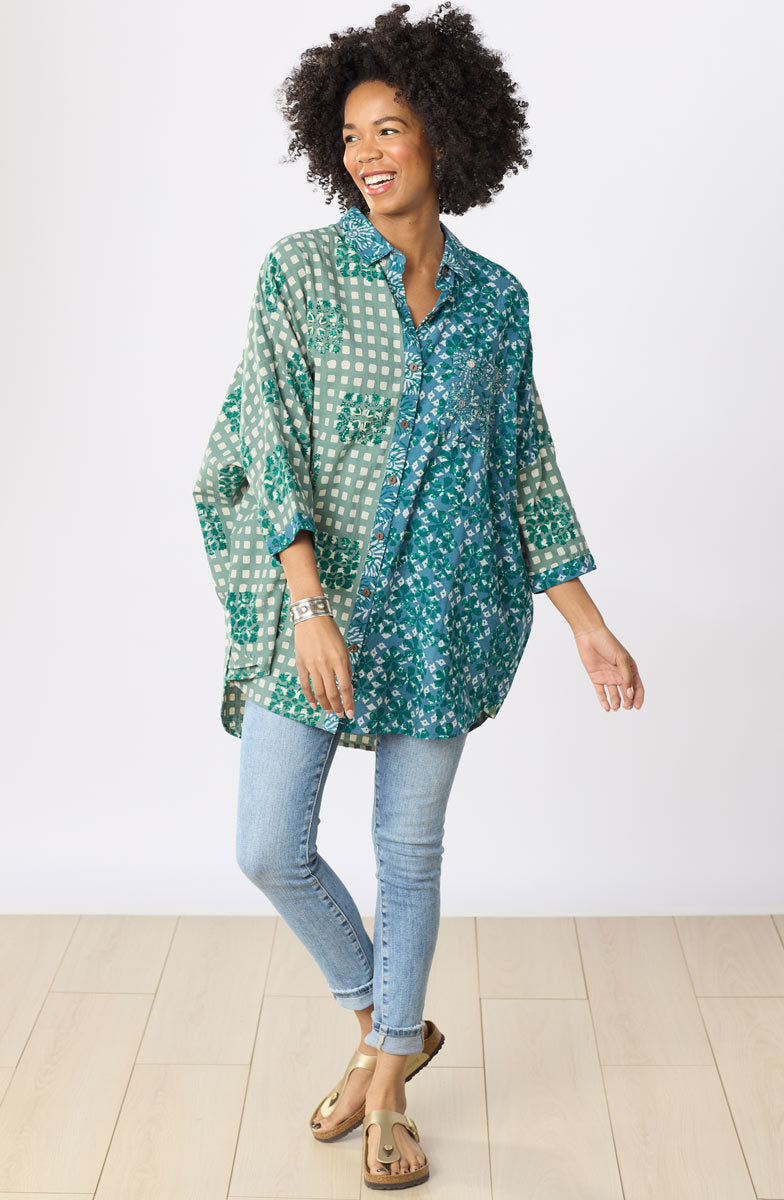 Mandvi Button-Down Oversized Shirt - Dusty teal/Multi