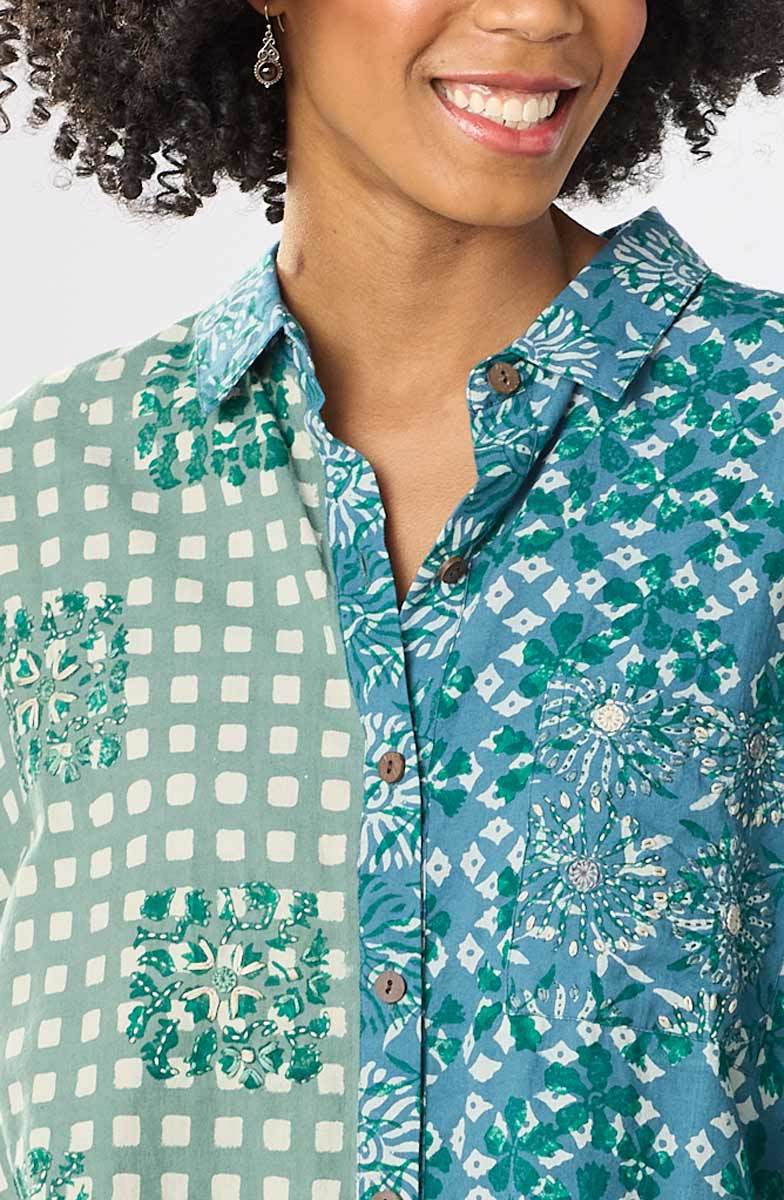 Mandvi Button-Down Oversized Shirt - Dusty teal/Multi