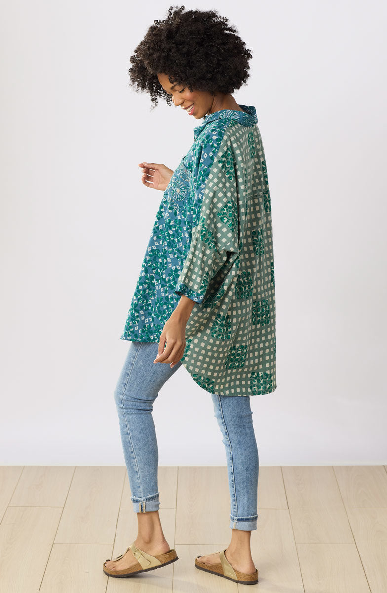 Mandvi Button-Down Oversized Shirt - Dusty teal/Multi
