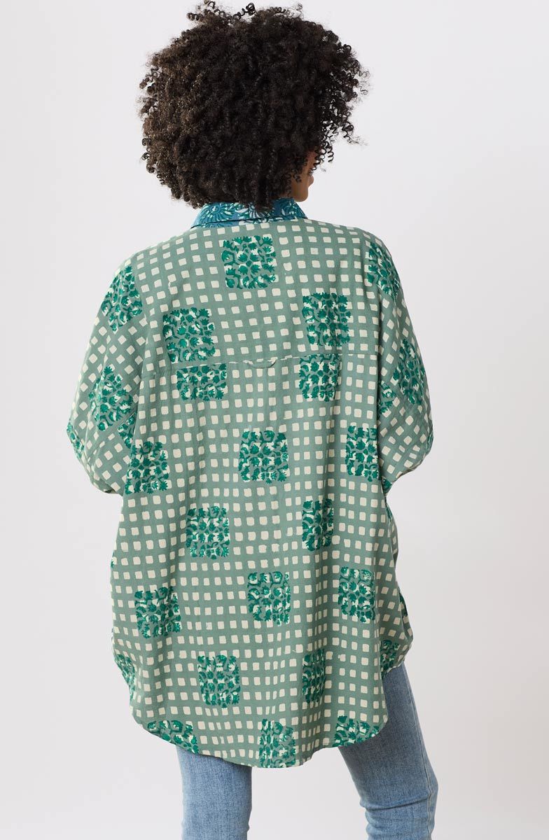 Mandvi Button-Down Oversized Shirt - Dusty teal/Multi