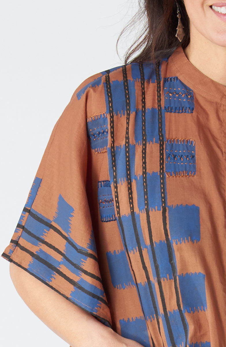 Anika Band Collar Kaftan Shirt - Honey/Navy