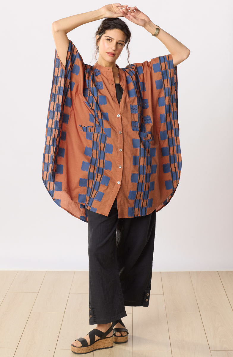 Anika Band Collar Kaftan Shirt - Honey/Navy