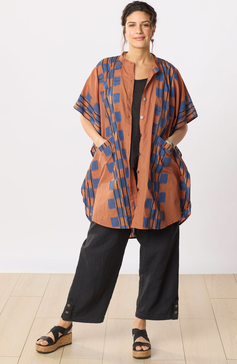 Anika Band Collar Kaftan Shirt - Honey/Navy