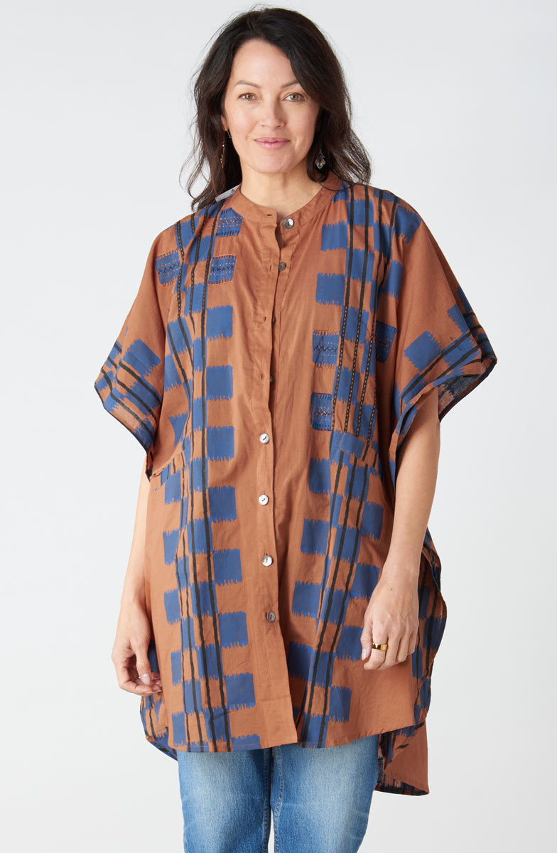 Anika Band Collar Kaftan Shirt - Honey/Navy