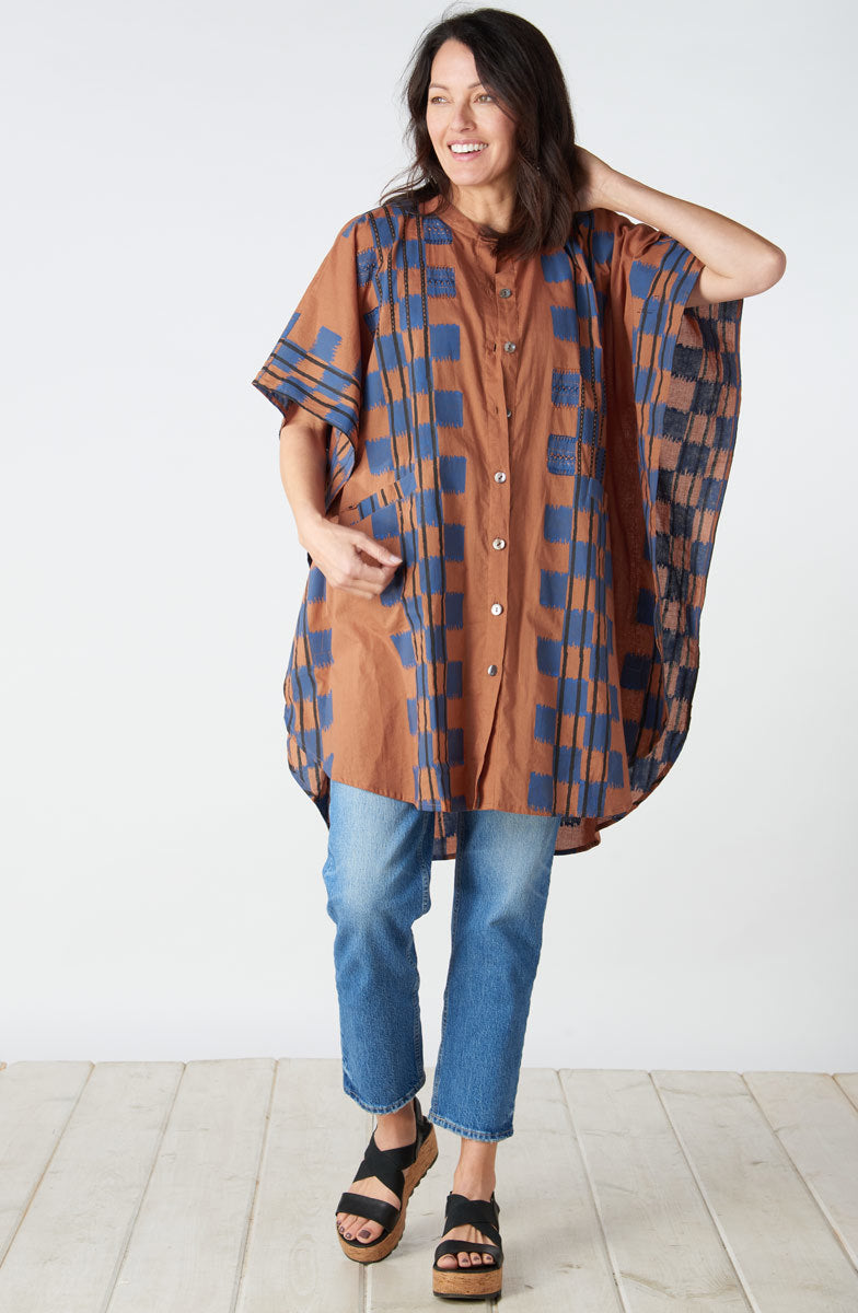 Anika Band Collar Kaftan Shirt - Honey/Navy