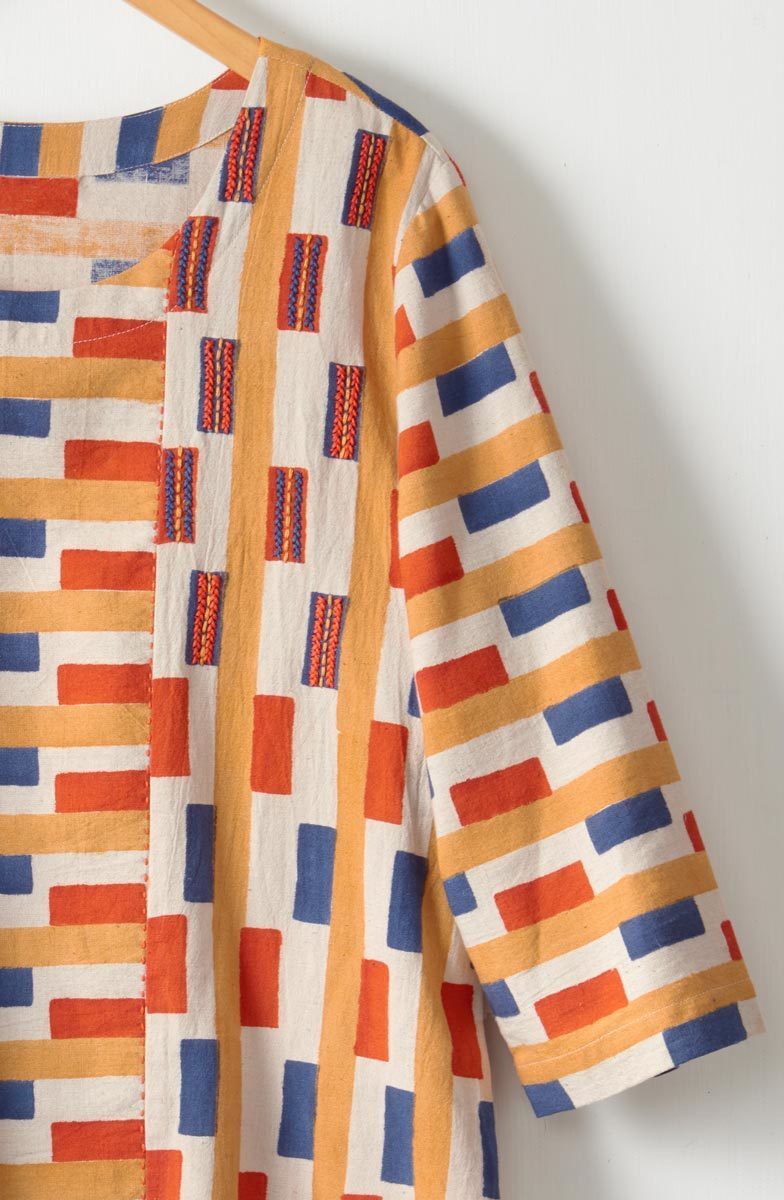 Divya 3/4-Sleeve Popover Top - Oatmeal/Multi