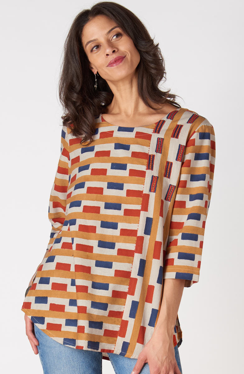 Divya 3/4-Sleeve Popover Top - Oatmeal/Multi