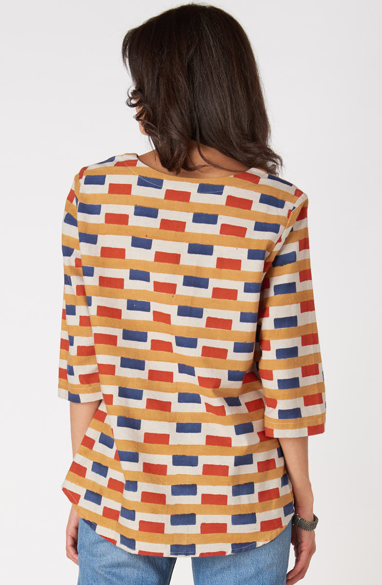 Divya 3/4-Sleeve Popover Top - Oatmeal/Multi