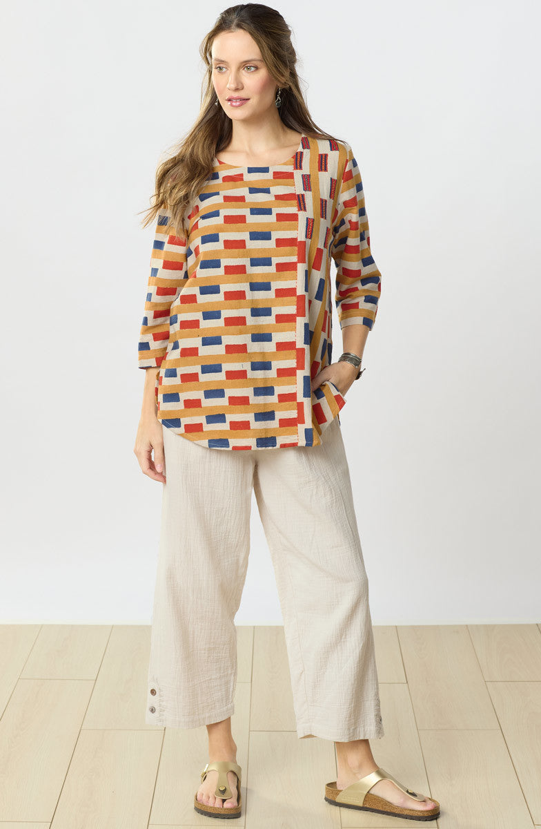 Divya 3/4-Sleeve Popover Top - Oatmeal/Multi