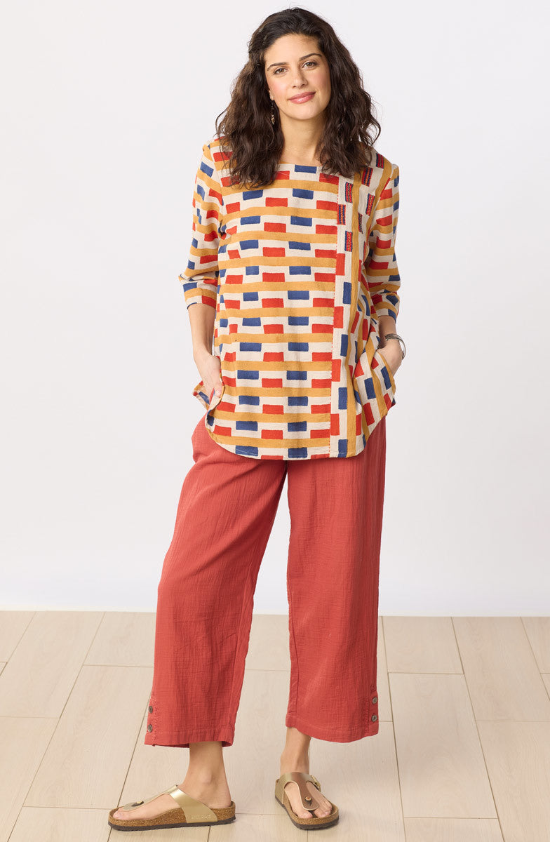 Divya 3/4-Sleeve Popover Top - Oatmeal/Multi