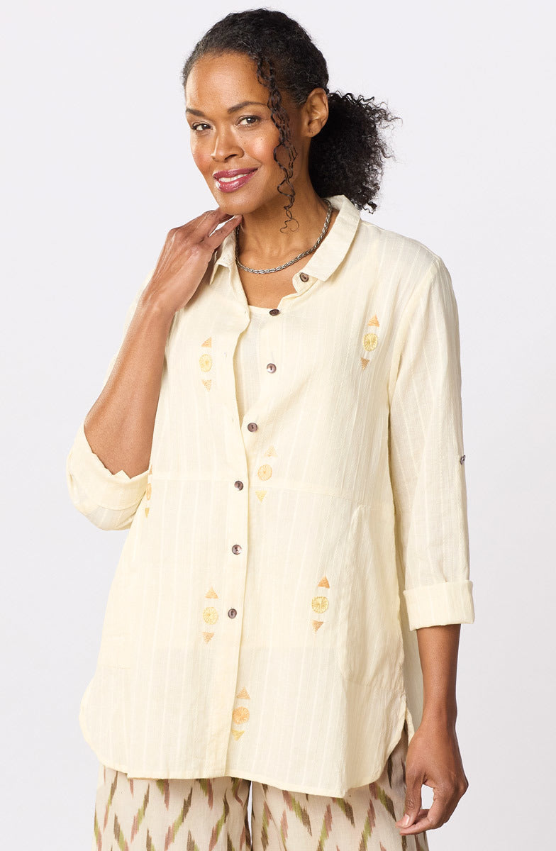 Lasksha Lightweight Button-Down Embroidered Shirt - Cream