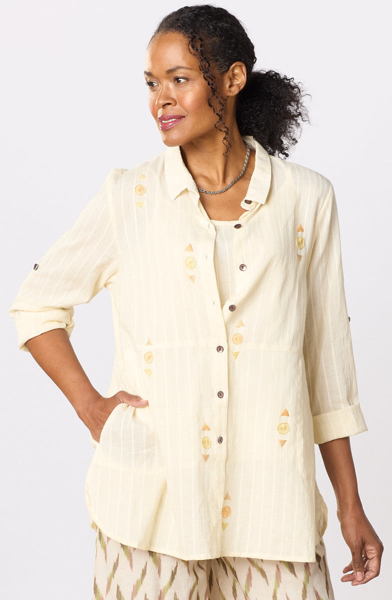 Lasksha Lightweight Button-Down Embroidered Shirt - Cream