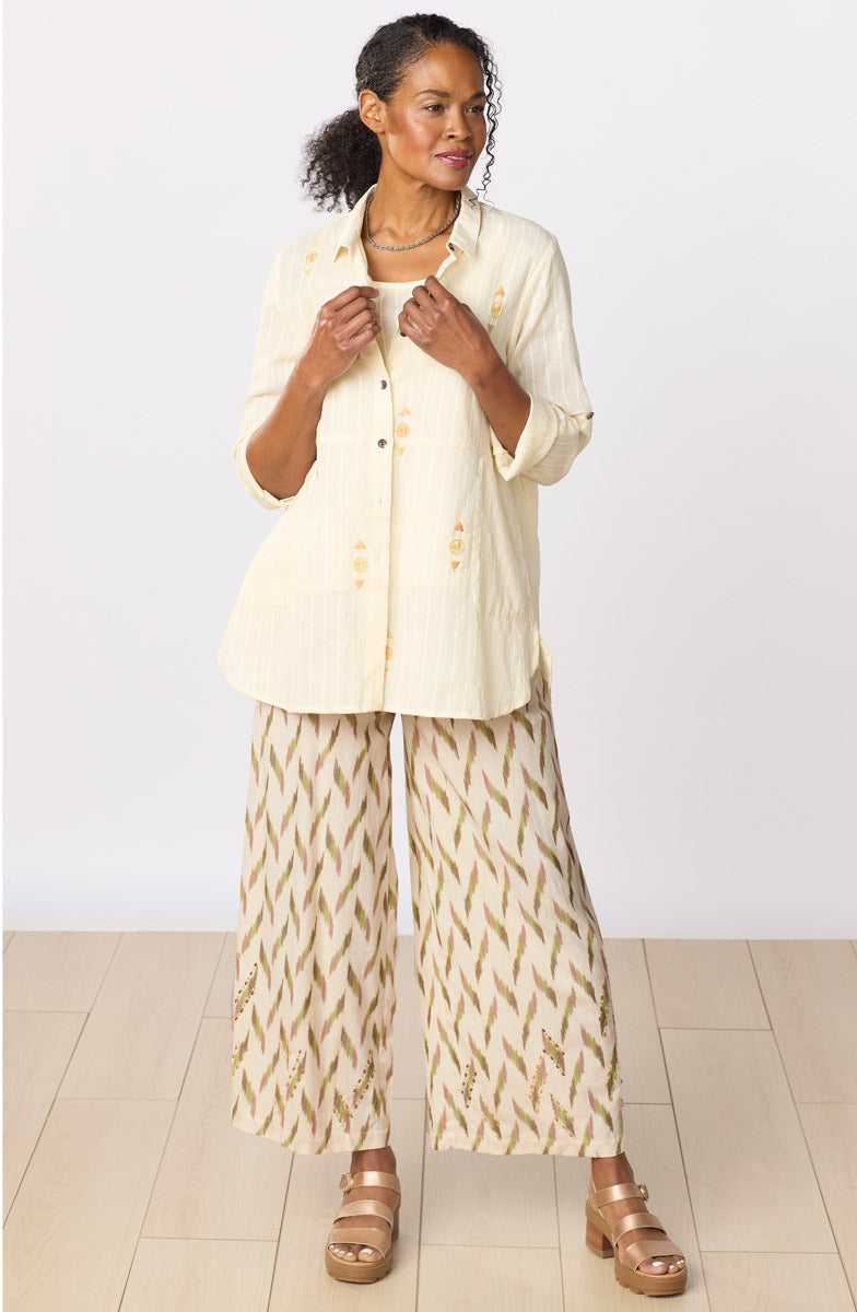 Lasksha Lightweight Button-Down Embroidered Shirt - Cream