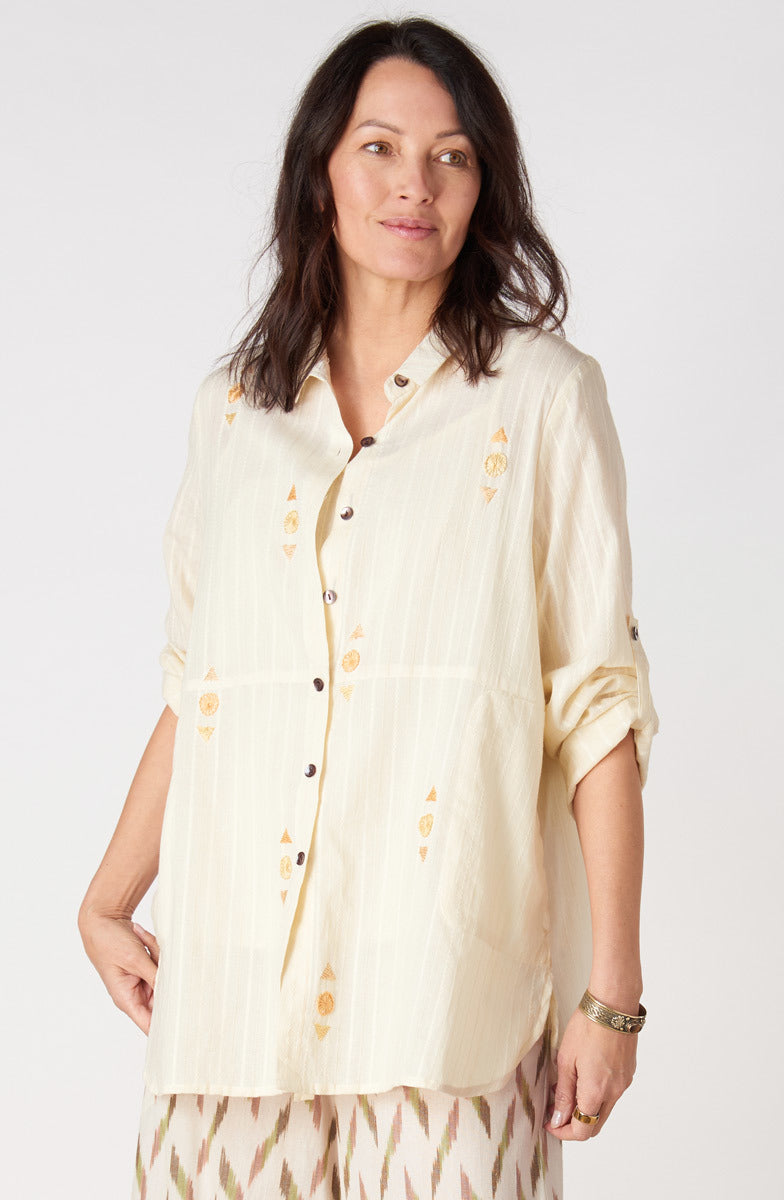 Lasksha Lightweight Button-Down Embroidered Shirt - Cream