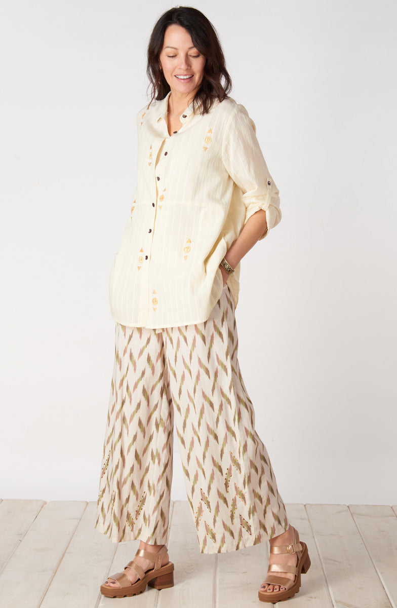 Lasksha Lightweight Button-Down Embroidered Shirt - Cream