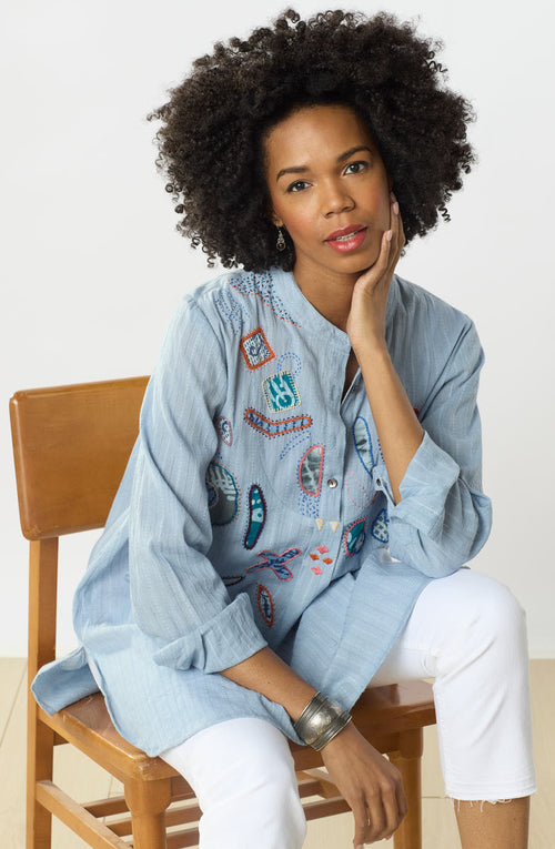 Amreli Upcycled Appliqué Lightweight Tunic - Cloud