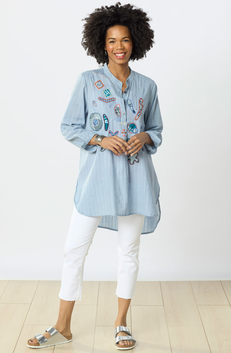 Amreli Upcycled Appliqué Lightweight Tunic - Cloud
