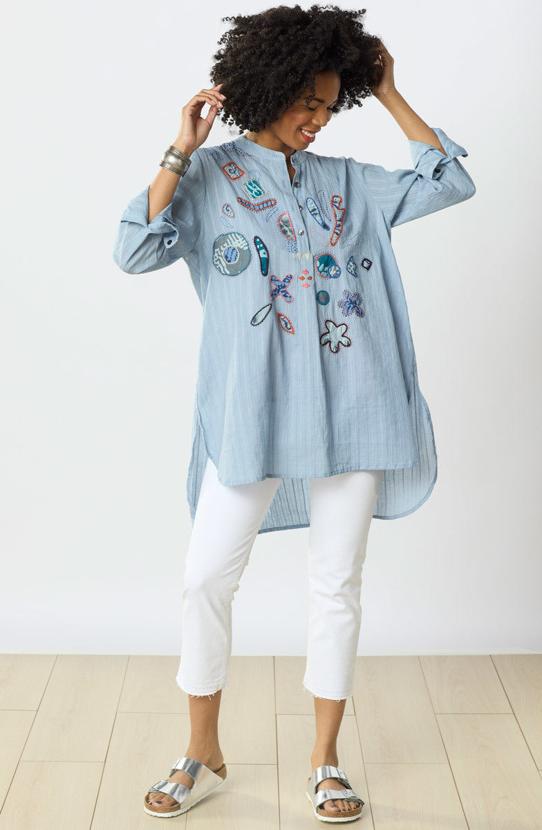 Amreli Upcycled Appliqué Lightweight Tunic - Cloud