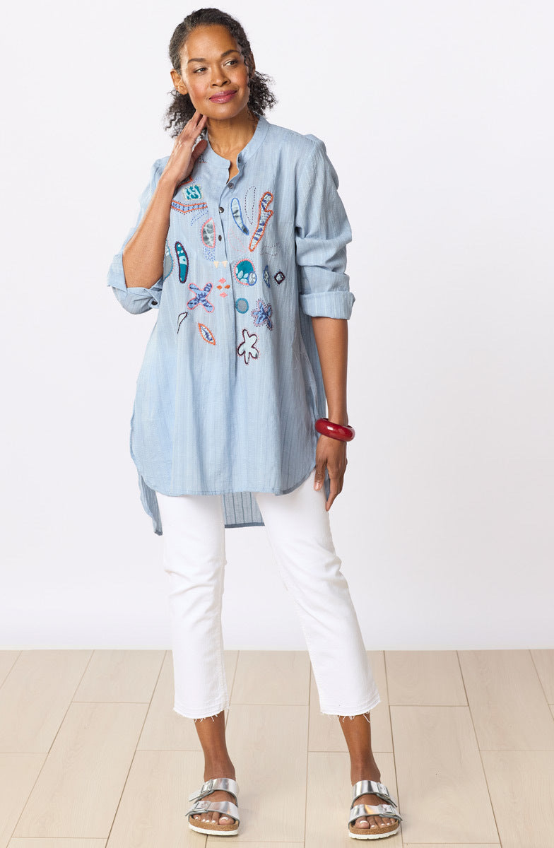 Amreli Upcycled Appliqué Lightweight Tunic - Cloud