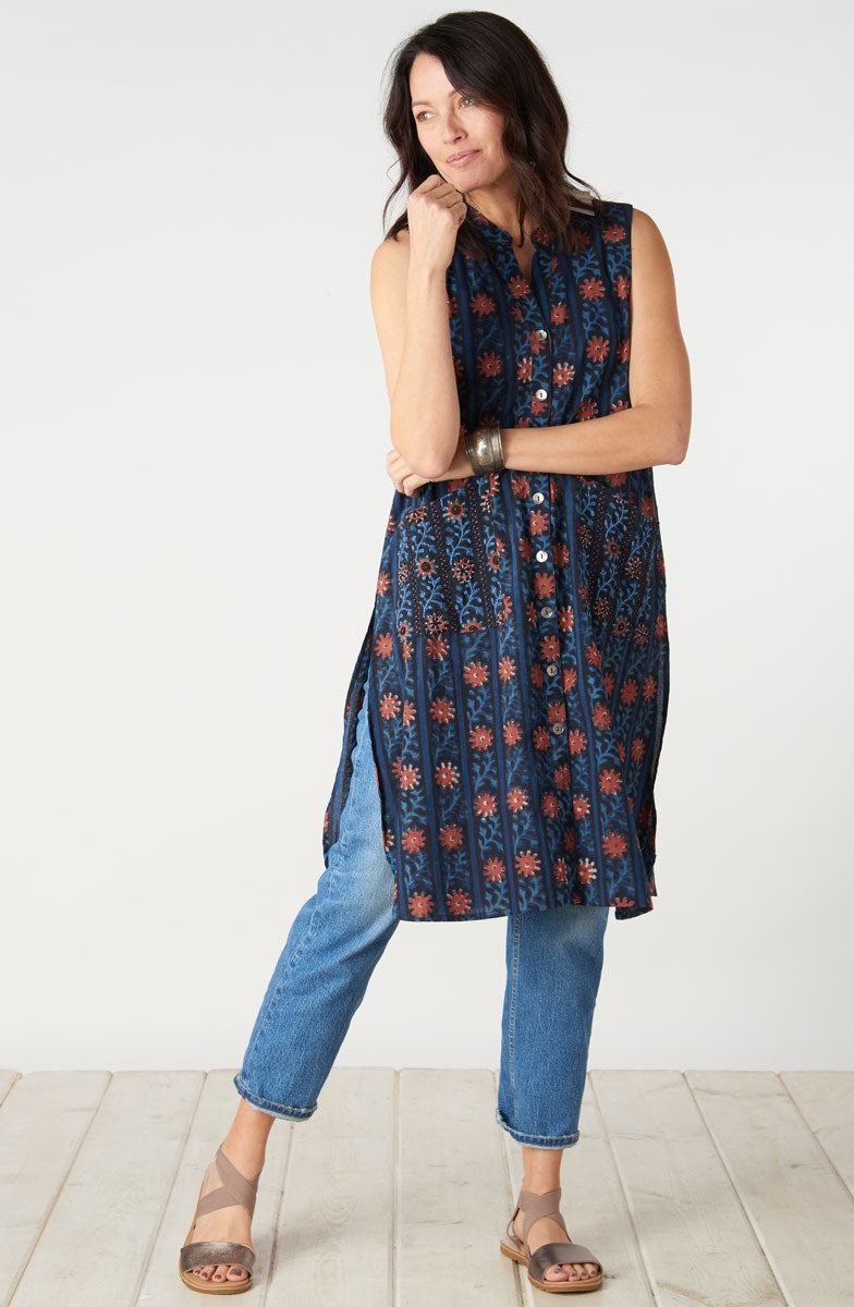 Tanvi Sleeveless Button-Down Long Vest - Indigo/Multi