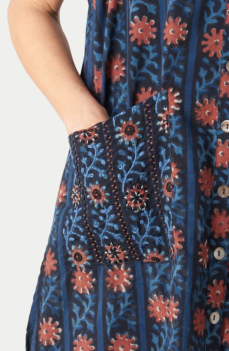 Tanvi Sleeveless Button-Down Long Vest - Indigo/Multi