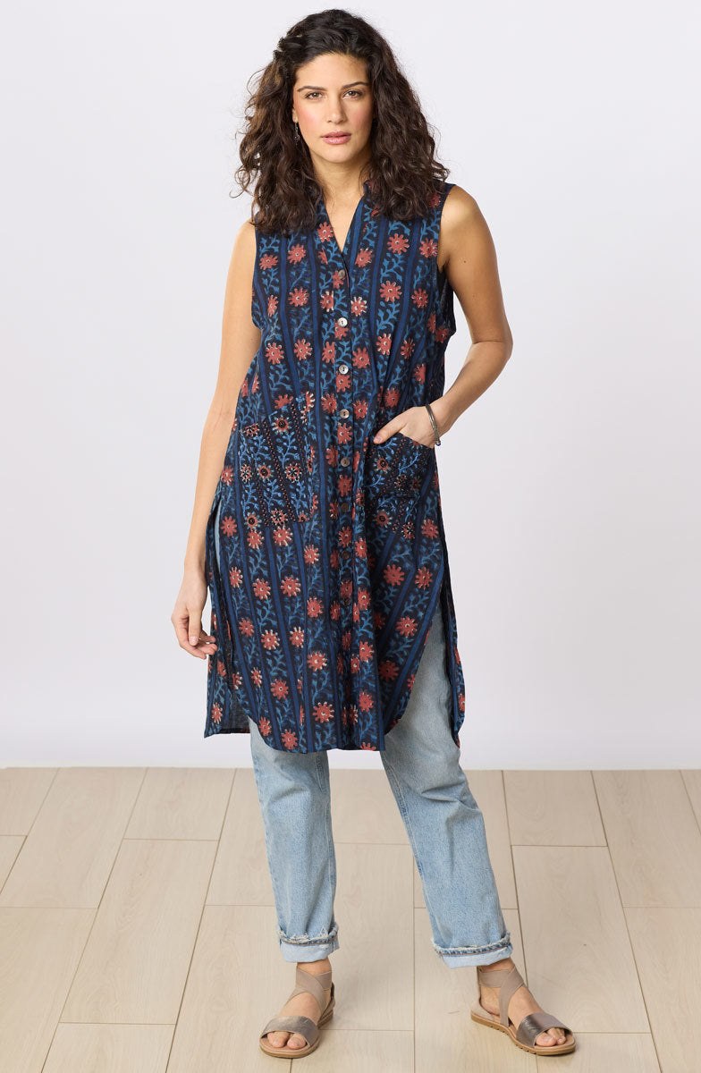 Tanvi Sleeveless Button-Down Long Vest - Indigo/Multi
