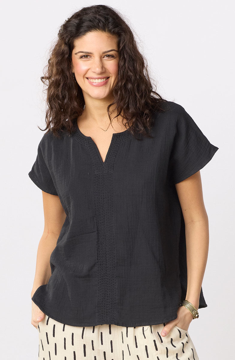 Isha Double Gauze Notch-Neck Top