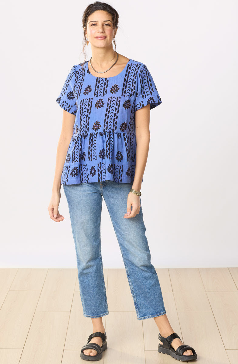 Misba Double Gauze Peplum Top - Lively blue/Black